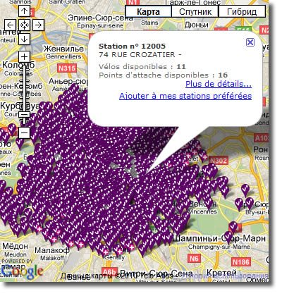 Карта станций проката велосипедов Velib в Париже